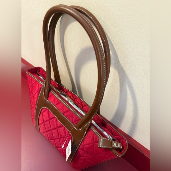 Ann Taylor Loft Handbag Purse Maroon - Red Quilted Nylon Brown w/ Leather Straps - Picture 3 of 3